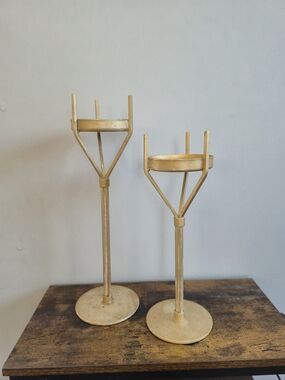 Gold Metal Candle Holders Set of 2 Plant Holders 10" & 12 " Solid